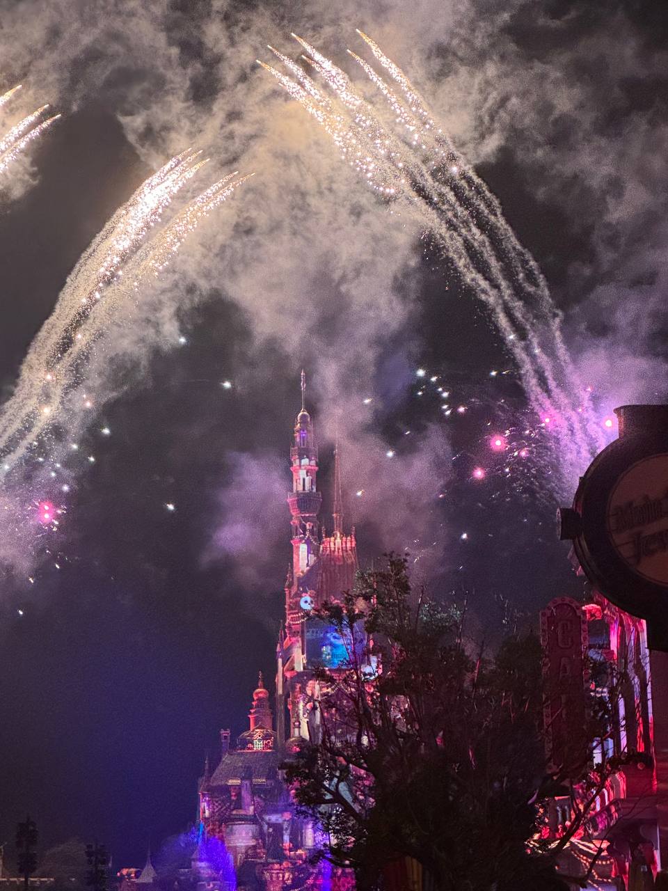 Fireworks over the castle at Hong Kong Disneyland