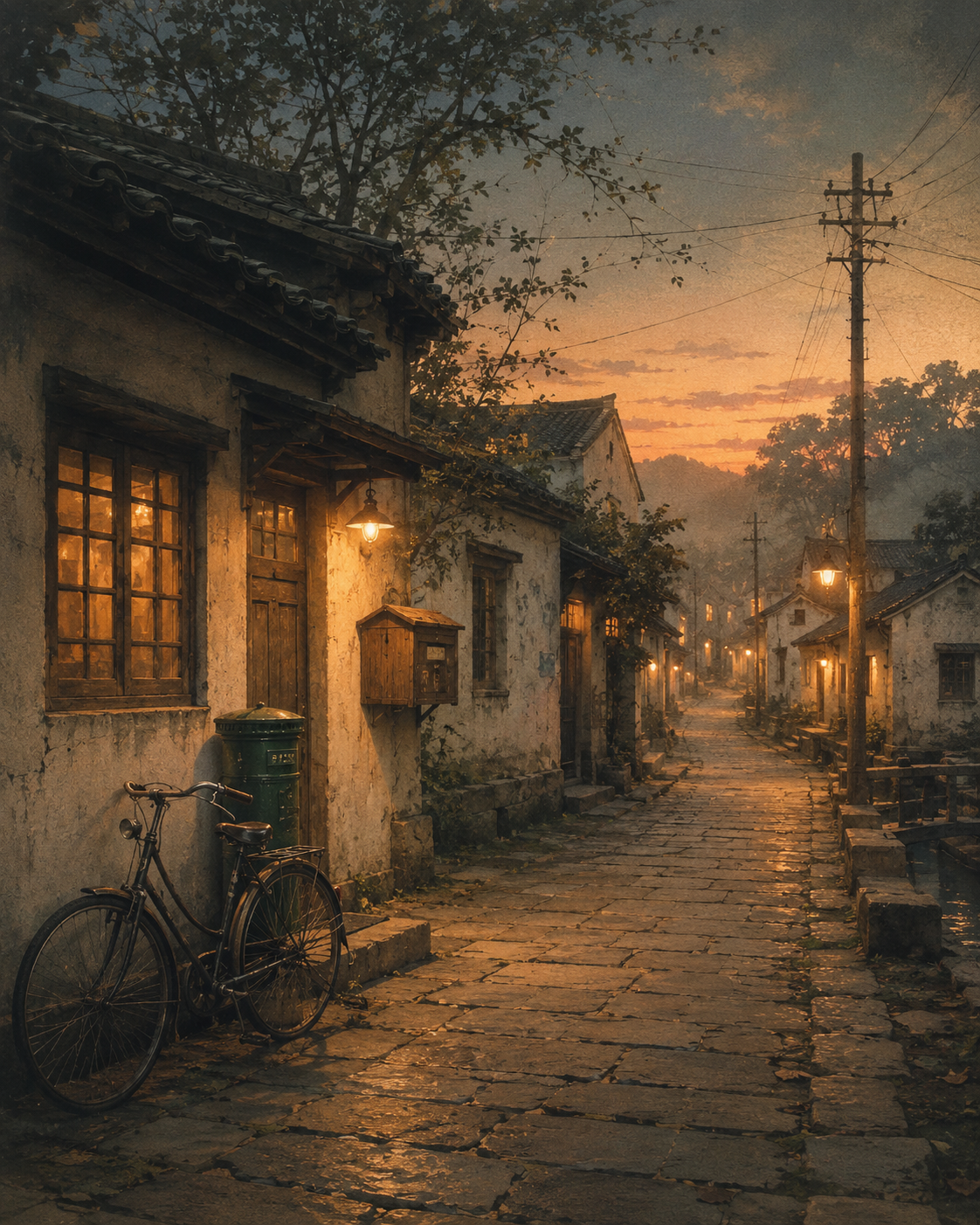 An old lane at dusk, with a bicycle and warm lights glowing from the houses